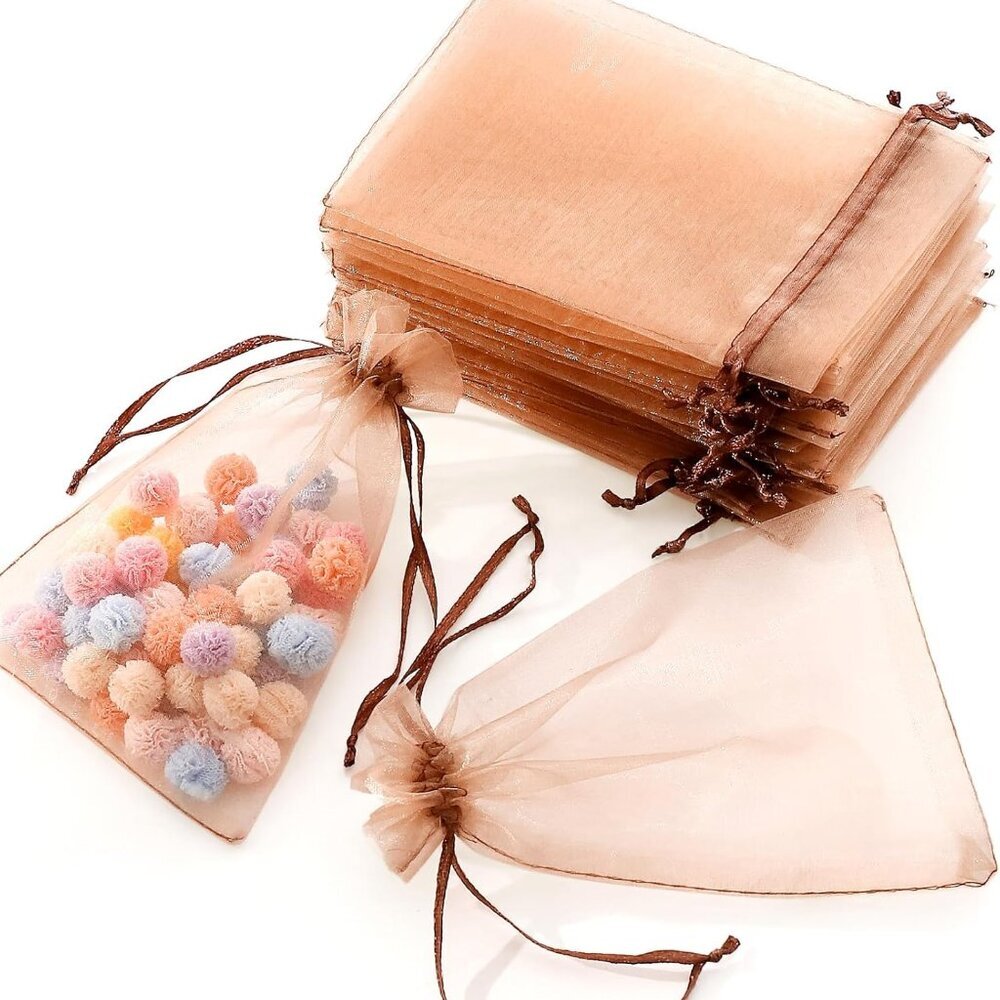 100pcs Organza Bags, Light Brown 4''x4.72''10x12cm Satin Drawstring Organza Pouc